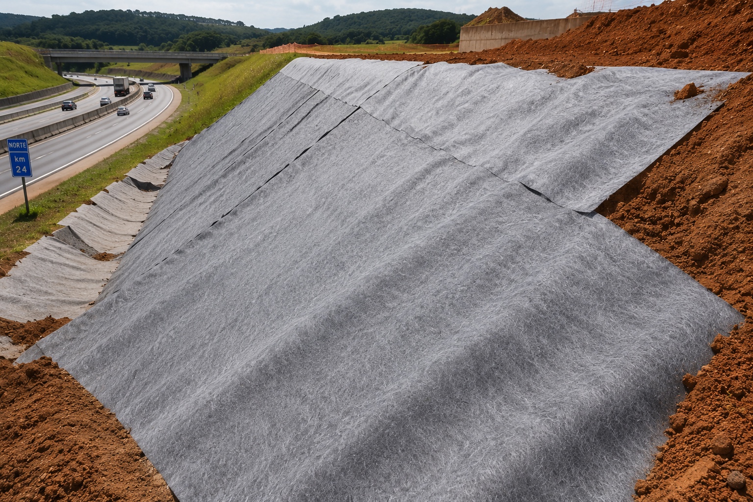 Manta geotêxtil Bidim aplicada no talude de uma rodovia para reforço e controle de erosão