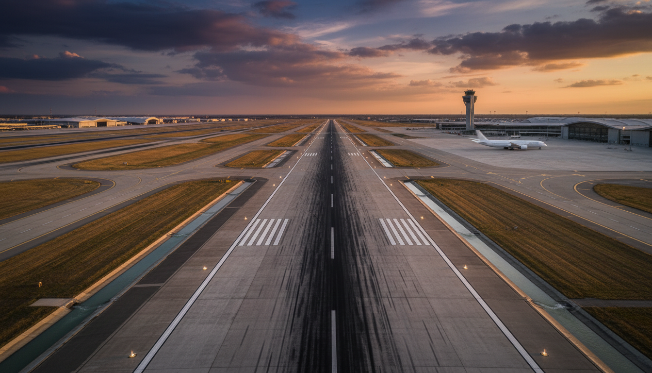Pista de aeroporto ao entardecer — infraestrutura que depende de drenagem e proteção das redes