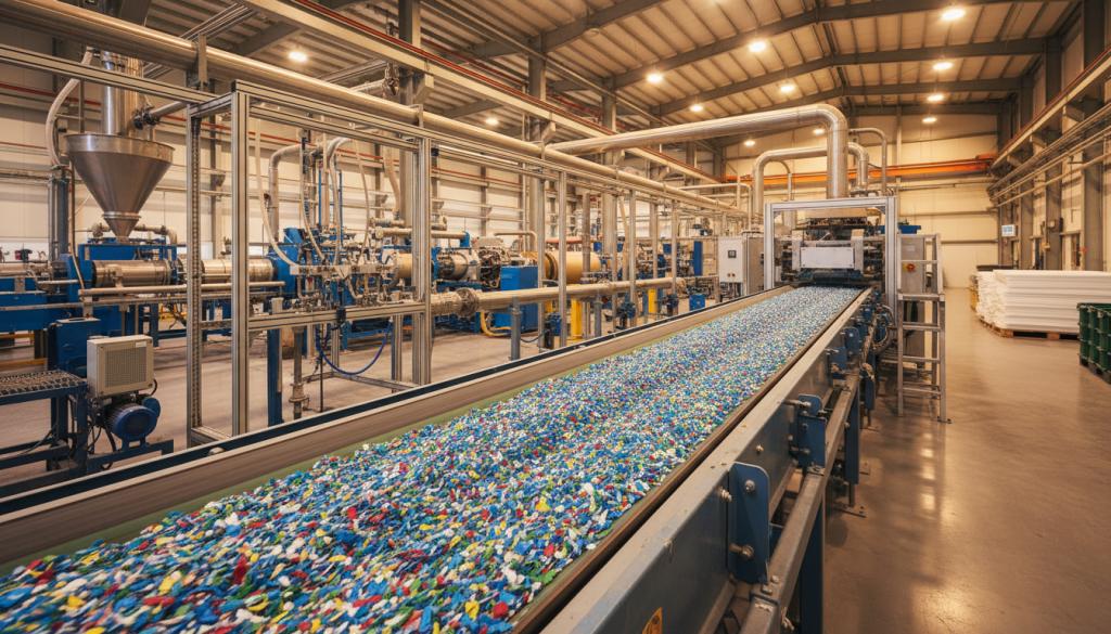 Linha de reciclagem industrial de PEAD — flakes plásticos coloridos em esteira de processamento