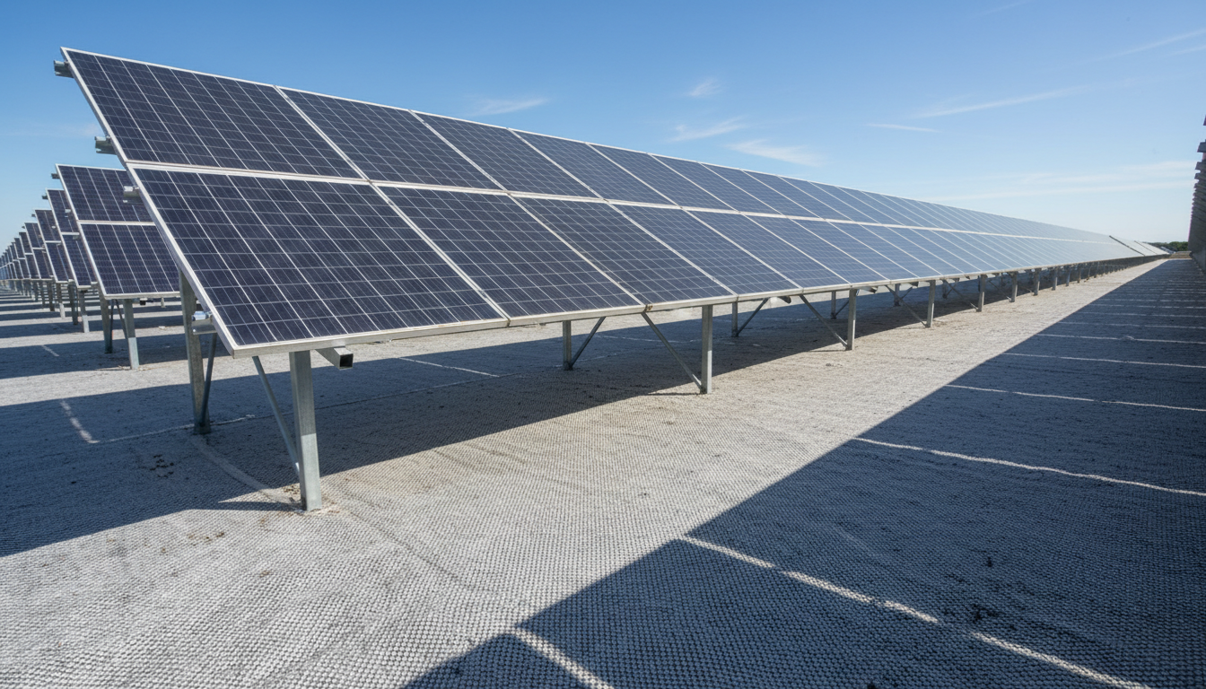 Fileiras de placas solares bifaciais sobre cobertura de ráfia clara que suprime a vegetação