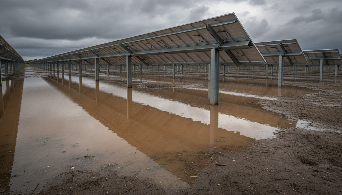 Usina solar fotovoltaica alagada após chuva intensa por falta de drenagem